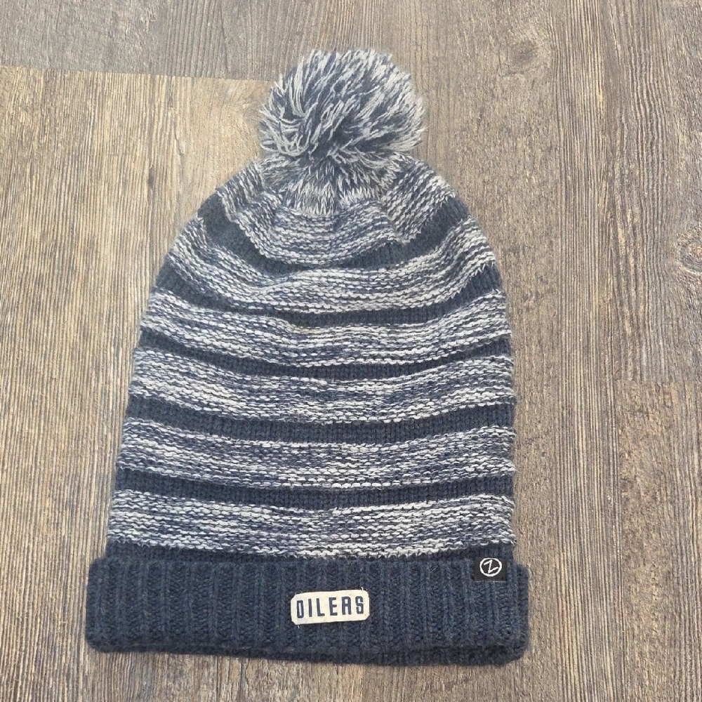 Oilers Striped Knit Pom Floppy Beanie - Navy and Gray